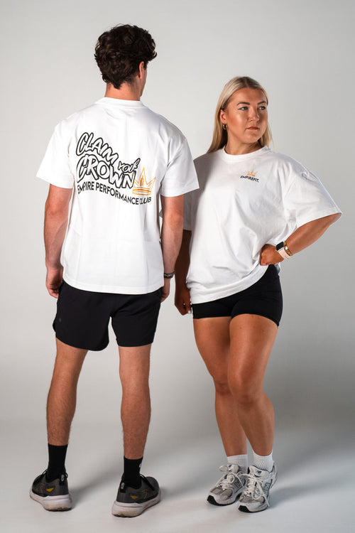 Athletes wearing the white and black Claim Your Crown Tee relaxed fit gym t-shirt by Empire Fit