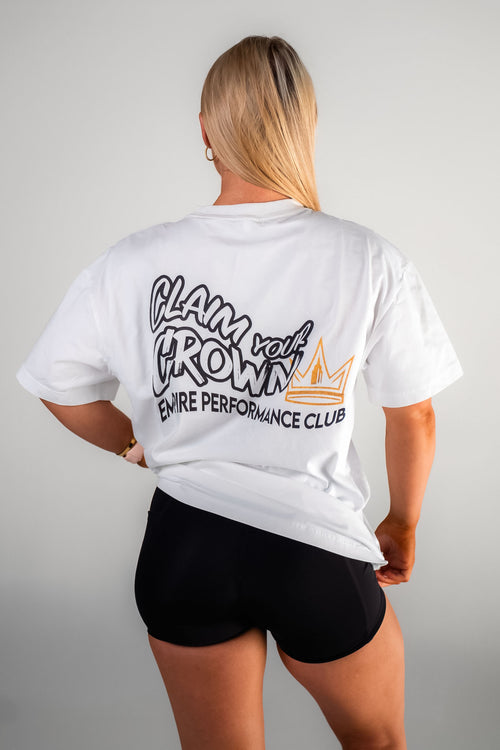 Back graphic of the white and black Claim Your Crown Tee relaxed fit gym t-shirt by Empire Fit